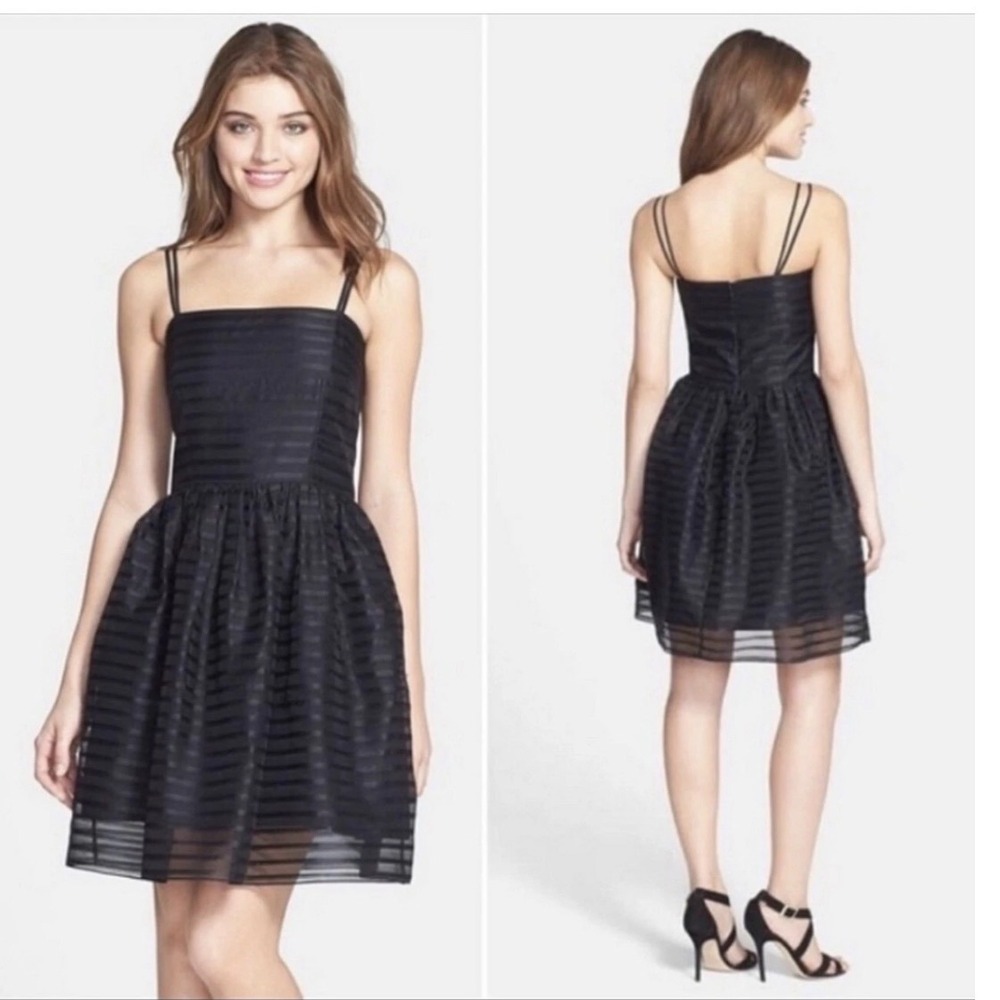Shoshanna Black Shadow Stripe Double Strap Fit and Flare Cocktail Dress Size 2